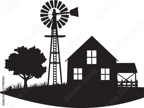 Idyllic farm scene with windmill silhouette, clouds, and houses, evoking a tranquil rural life