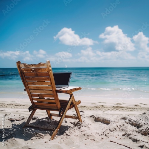 A lone beach chair with a laptop facing the sea, an iconic symbol of workcation, blending business with the pleasure of the beach.