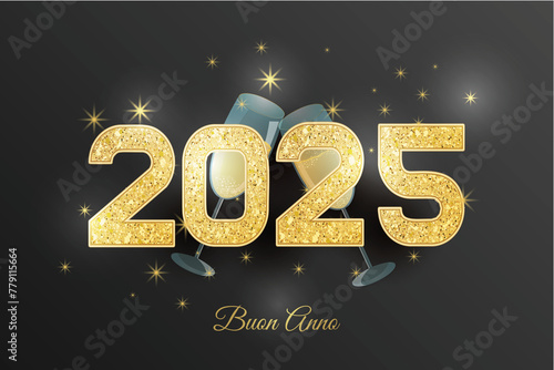 biglietto o striscione per augurare un felice anno nuovo 2025 in oro su sfondo nero con stelle e due flute di champagne