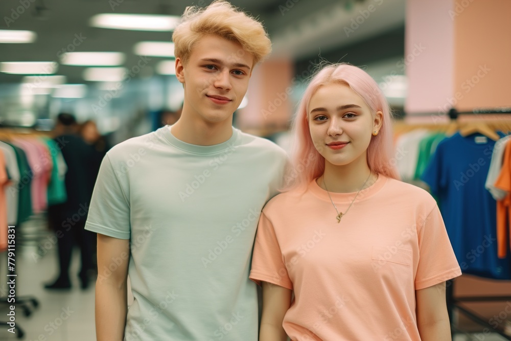Obraz premium A man and a woman are standing in a store, both wearing shirts