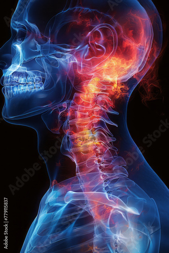 blue xray medical illustration of a pain in the neck, red glowing pain, person reaching for it,generative ai