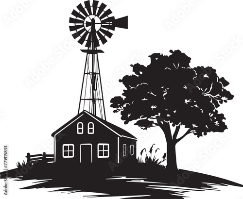 Idyllic farm scene with windmill silhouette, clouds, and houses, evoking a tranquil rural life