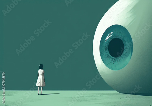 Mysterious Woman Standing in Front of Enormous Eyeball with Intrigued Person Observing It photo