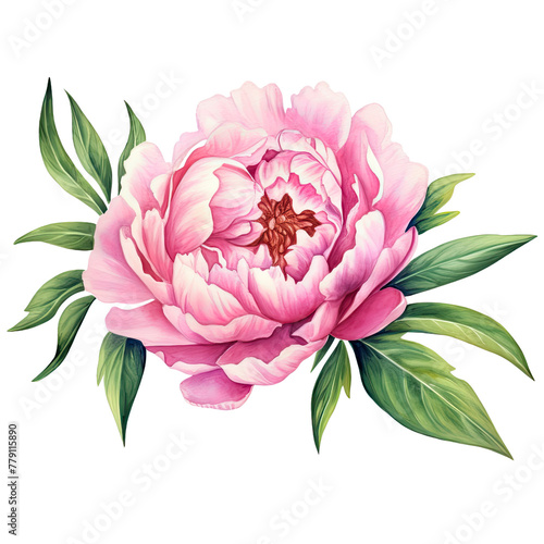 AI-generated watercolor cute pink peony flower with leaves clip art illustration. Isolated elements on a white background.