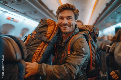 A man with a backpack is smiling as he carries his luggage onto an airplane