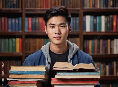 Portrait of a young oriental boy student sitting in a library