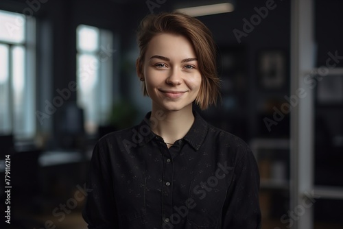 A woman with short hair and a black shirt is smiling for the camera