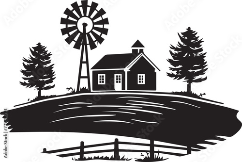 Idyllic farm scene with windmill silhouette, clouds, and houses, evoking a tranquil rural life