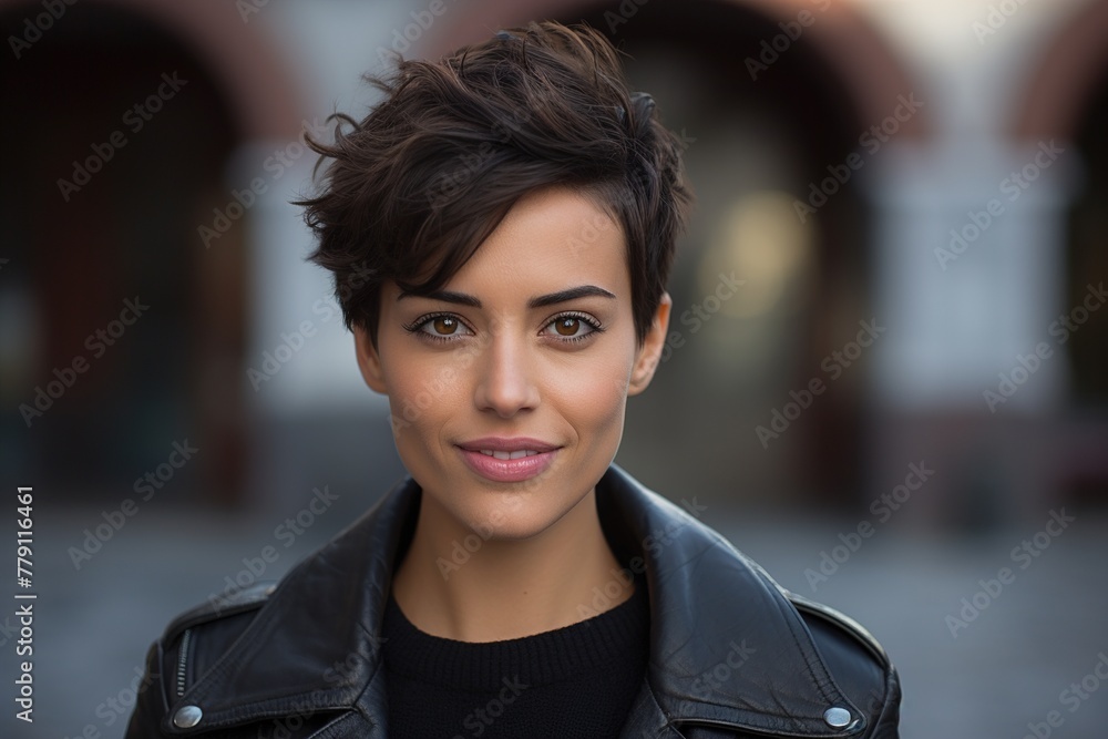 A woman with short hair and a leather jacket is smiling A woman with short hair and a leather jacket is smiling