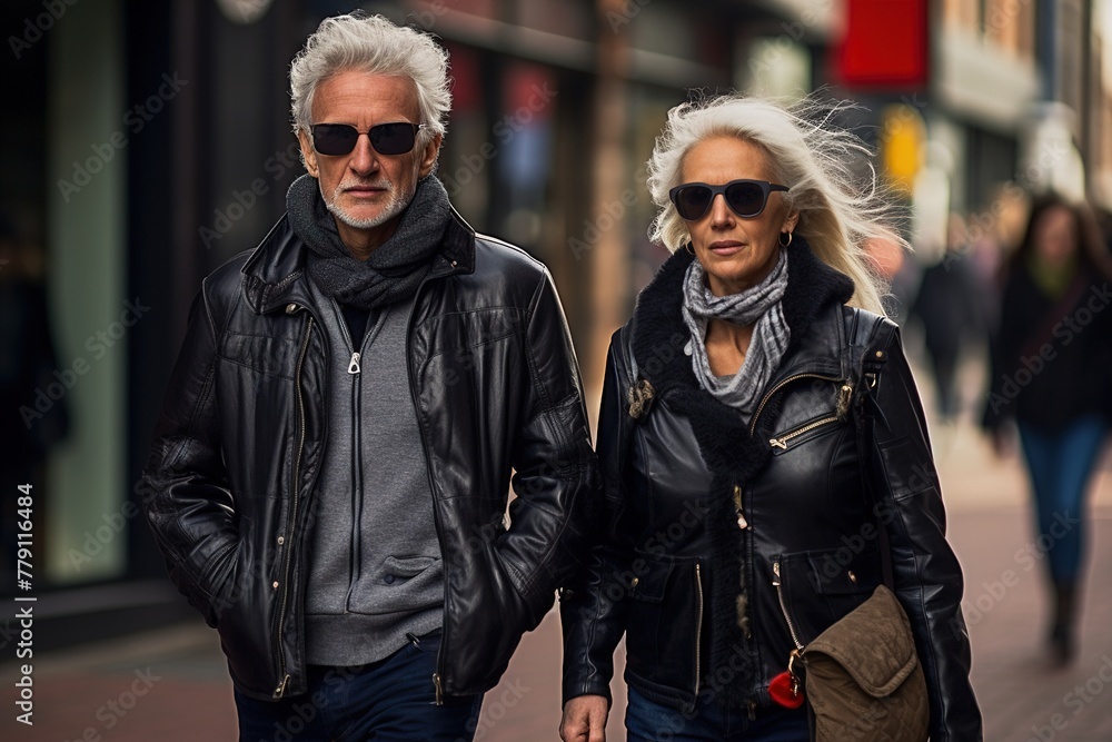 A man and a woman are walking down a street wearing leather jackets A man and a woman are walking down a street wearing leather jackets