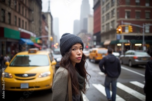 A woman wearing a gray hat stands on a city street in front of a taxi