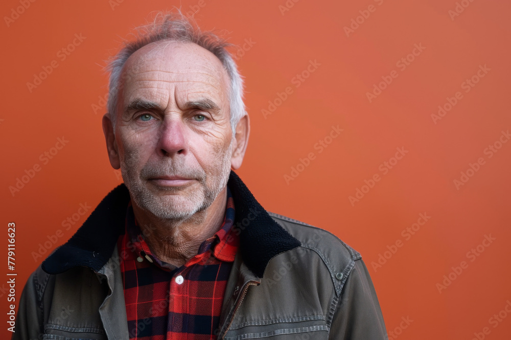 A man wearing a plaid shirt and a jacket stands in front of an orange wall