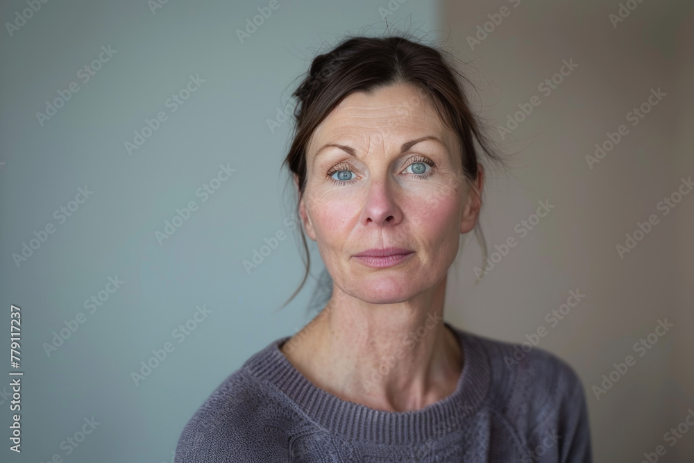A woman with blue eyes and brown hair looks at the camera