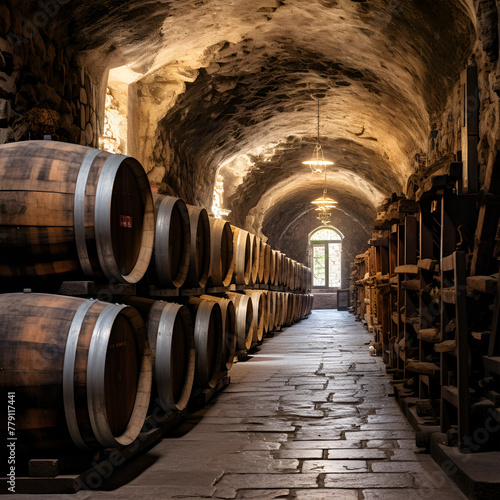 Wine cellar. Wine or whiskey barrels. French wooden barrels.