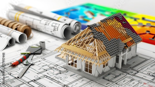 Fototapeta Naklejka Na Ścianę i Meble -  Construction planning with construction drawings, 3d rendering