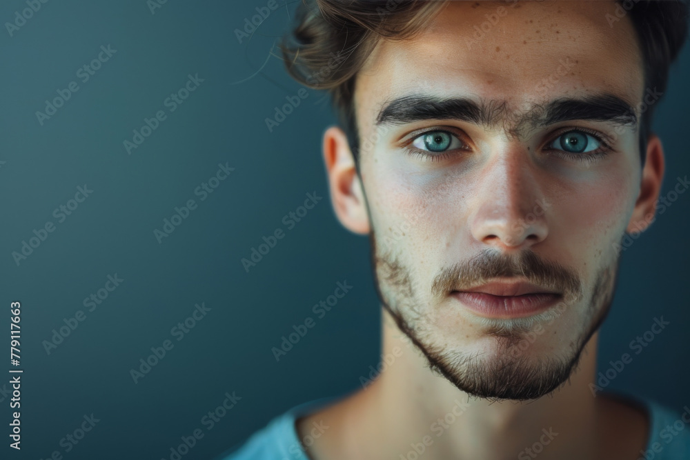 Naklejka premium A close up of a man 's face with blue eyes