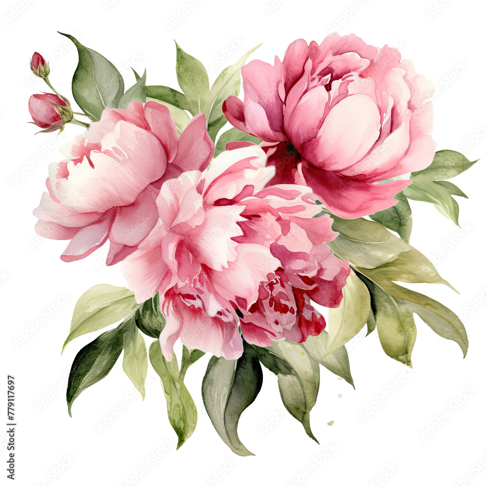 AI-generated watercolor cute pink peonies with leaves clip art illustration. Isolated elements on a white background.