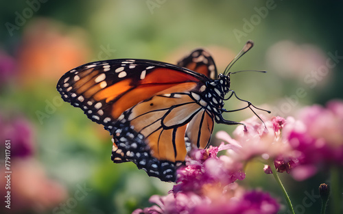 A delicate butterfly perched on a bright flower, symbolizing change and beauty, with a soft, blurred garden scene in the background © julien.habis