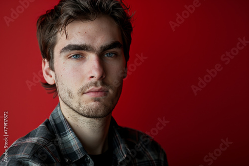 A man in a plaid shirt looks at the camera with a red background