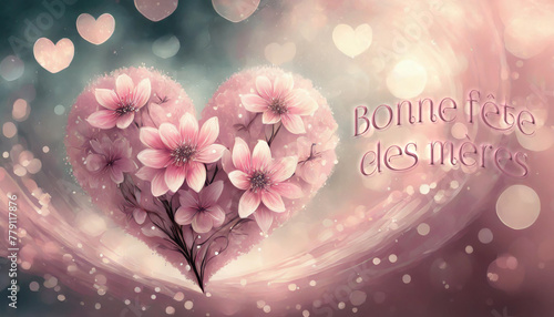 carte ou bandeau pour souhaiter une bonne fête des mères en rose avec à côté un coeur formé de fleur rose sur un fond rose et gris et des ronds et des coeurs en effet bokeh photo