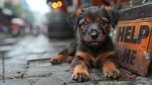 a cute puppy laying on the border of a street,generative ai photo
