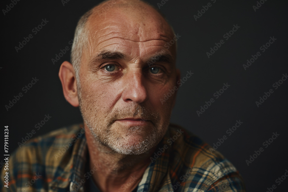 A man with a beard and a plaid shirt looks at the camera A man with a beard and a plaid shirt looks at the camera
