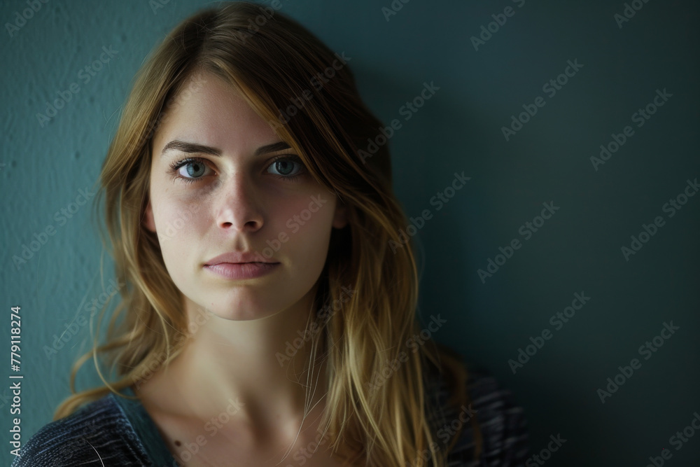 A close up of a woman 's face against a blue wall A close up of a woman 's face against a blue wall