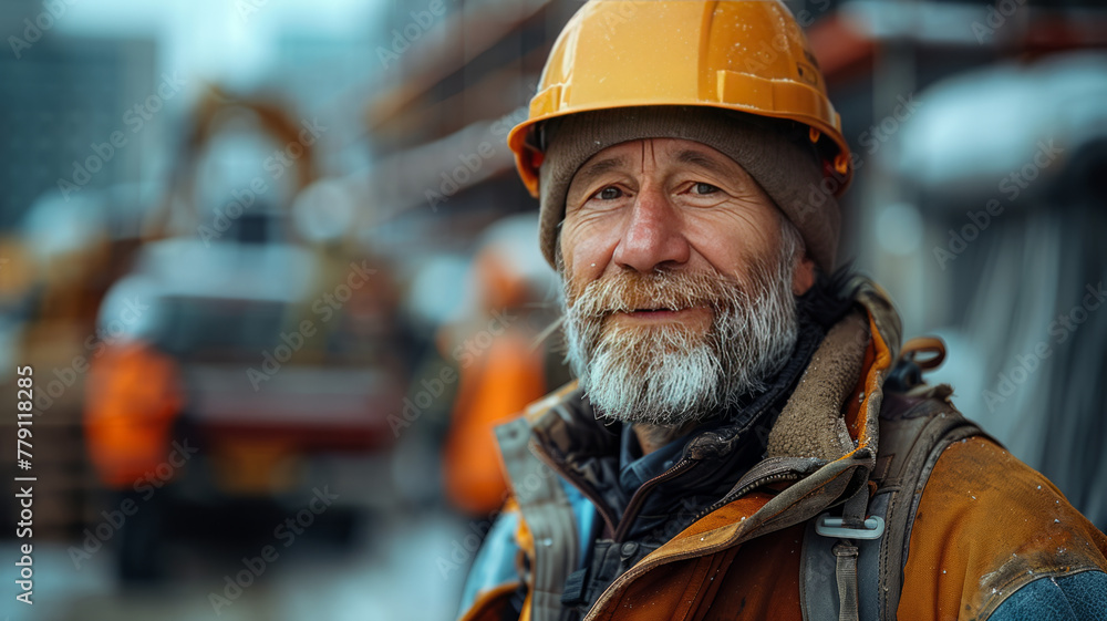 a building contractor with a tablet in his hands, in the background workers on a building site and a pick-up truck,generative ai