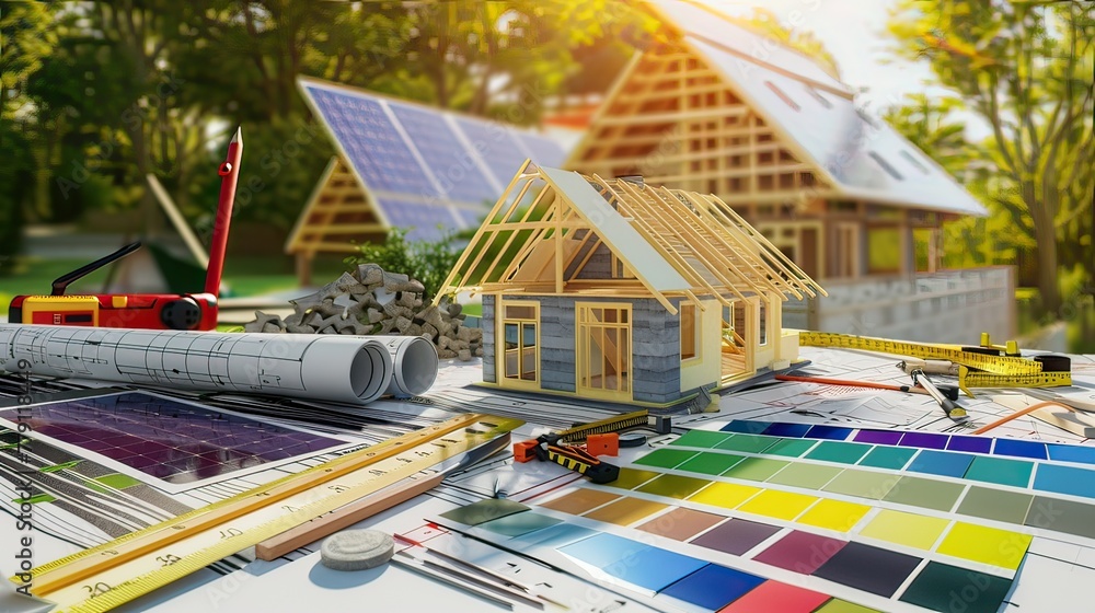 Construction planning with construction drawings, 3d rendering Stock