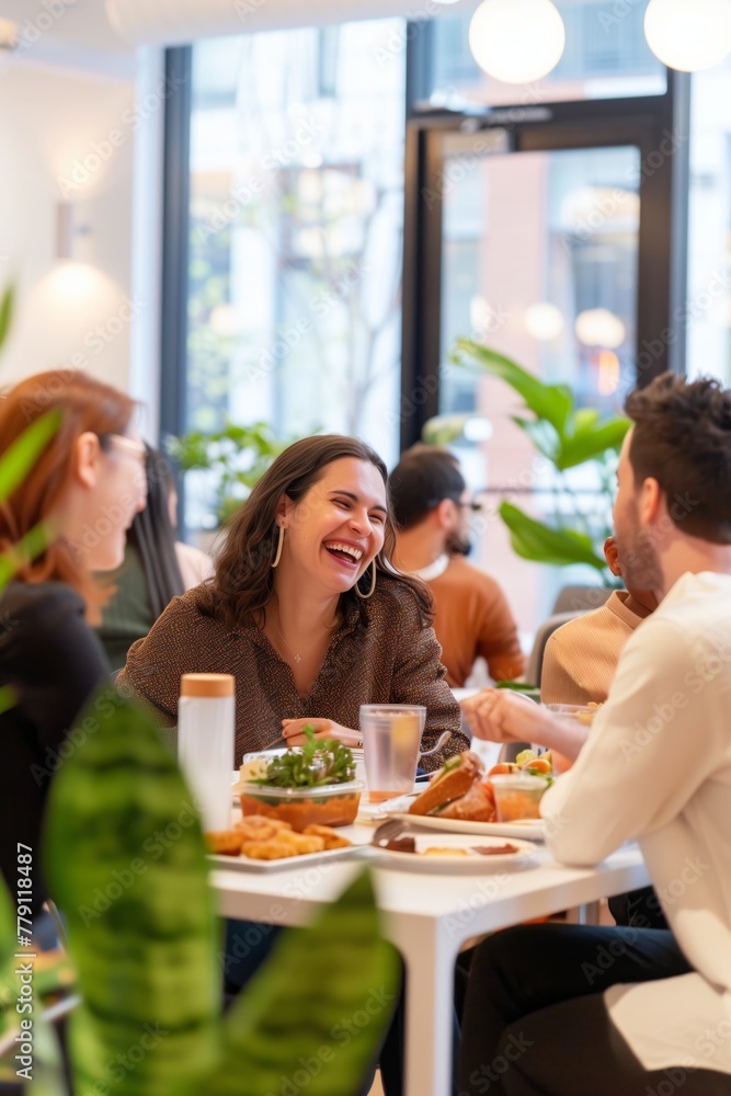 Coworkers laughing and sharing stories while enjoying a potluck-style lunch in a bright and inviting office space