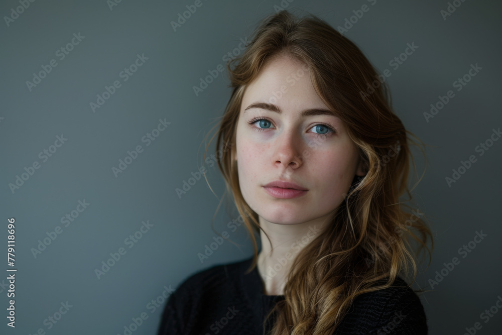 A woman with long hair and blue eyes looks at the camera A woman with long hair and blue eyes looks at the camera