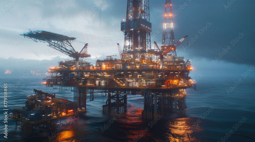 An expansive oil drilling rig with drilling equipment and platforms, currently at rest but ready to extract oil from deep beneath the earth's surface