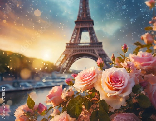 Delicate roses in the foreground with the iconic eiffel tower and a dreamy sunset backdrop