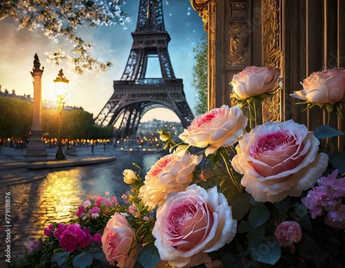 Romantic parisian evening at dusk with eiffel tower, blooming roses, and stunning cityscape, perfect for love and travel enthusiasts