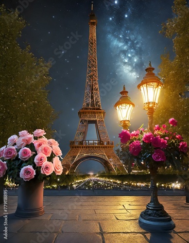 Enchanting evening view with vibrant flowers and the illuminated eiffel tower under a starry sky