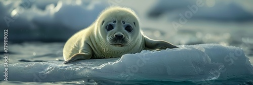 Capturing the innocence  baby seal pup on iceberg, piercing gaze, cinematic sunlit scene