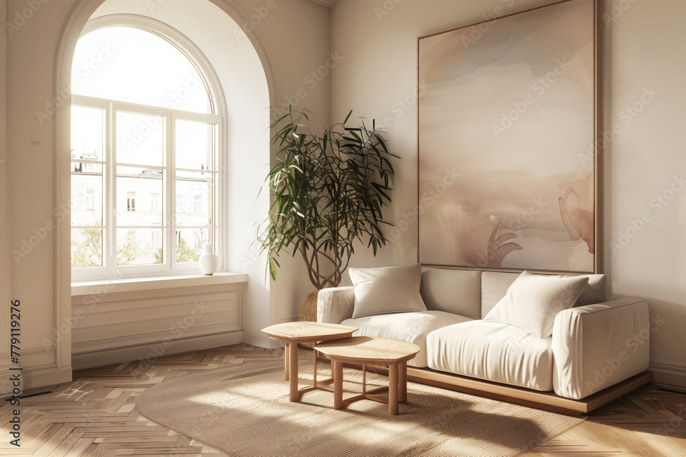 Modern Living Room with Natural Light. A serene modern living room bathed in natural sunlight, featuring a plush sofa, artistic wall painting, and a vibrant houseplant.