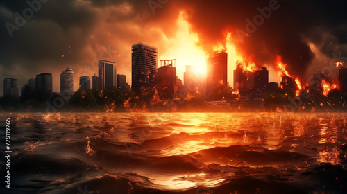 Global warming, climate change. Flood with high water disaster. The city in floodwater. Floods and flooding the streets. Natural disaster. End of the world