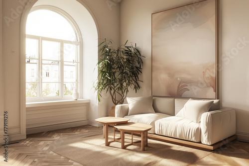 Modern Living Room with Natural Light. A serene modern living room bathed in natural sunlight  featuring a plush sofa  artistic wall painting  and a vibrant houseplant.