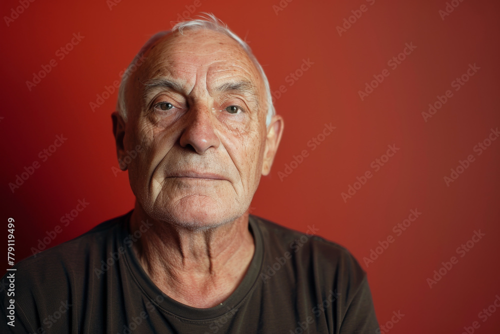 Obraz premium A man with gray hair is looking at the camera with a red background