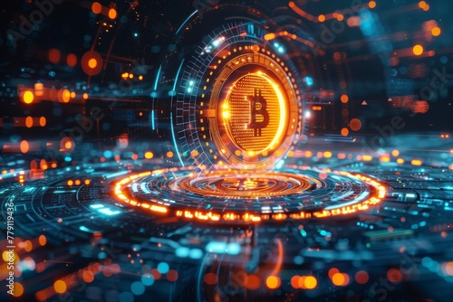 A whirlwind of motion lines encircling a floating Crypto Coin, amidst a backdrop of rasterized money symbols in an evolving digital realm. photo