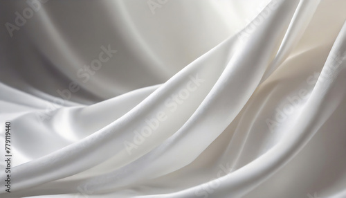 Elegant white silk sheets, soft waves, illuminated by gentle light.