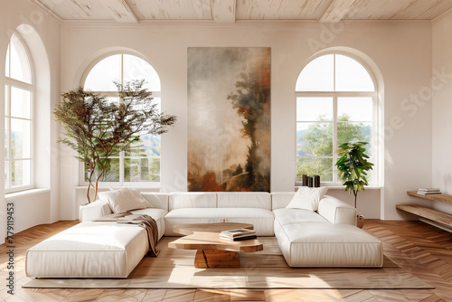 A radiant living space graced with arched windows  a grand vertical painting  and an elegant white sectional  accented by the organic beauty of indoor trees.