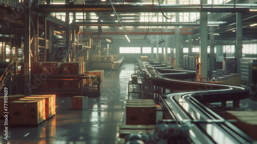 A bustling logistics distribution center with sorting machines and automated conveyor systems  temporarily still but ready to handle the efficient distribution of goods