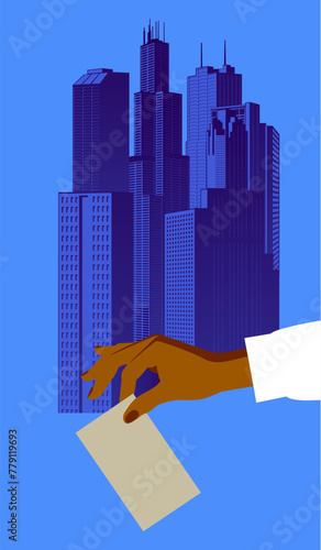 A woman's hand with a ballot against the backdrop of tall buildings in an American city. Concept of US Presidential election. Vector illustration © Raman Maisei