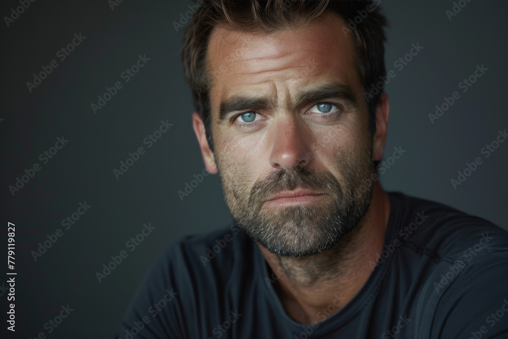 A man with a beard and blue eyes looks at the camera A man with a beard and blue eyes looks at the camera