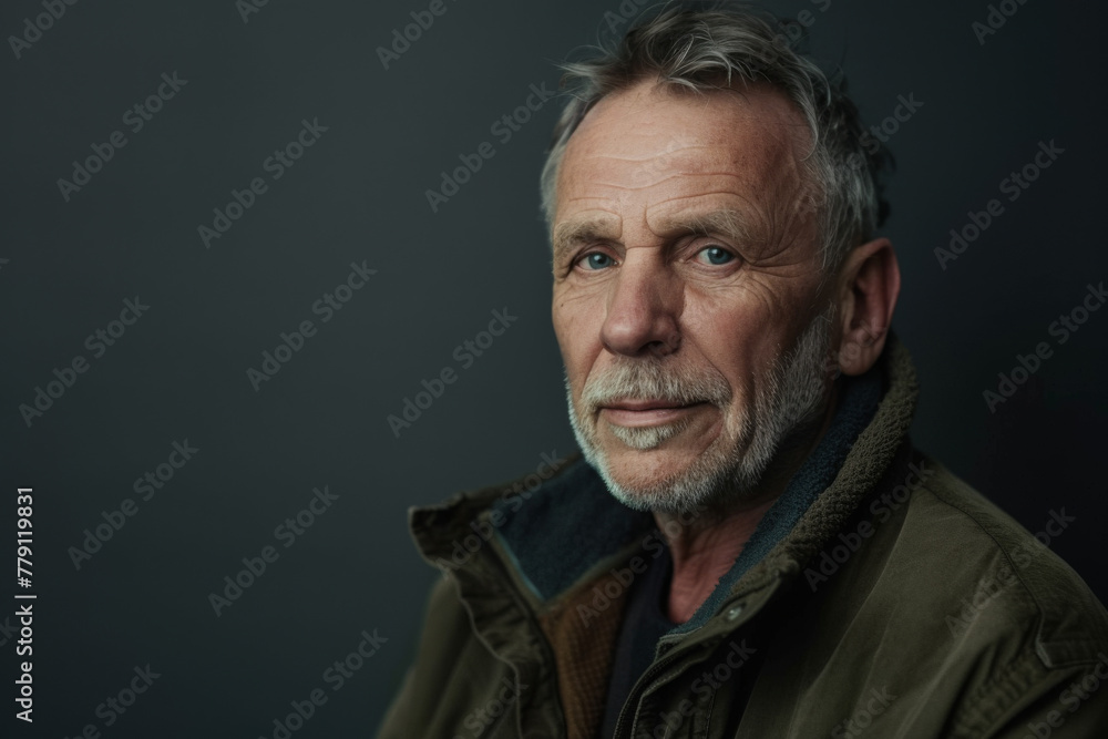 Fototapeta premium A man with gray hair and a beard is wearing a green jacket