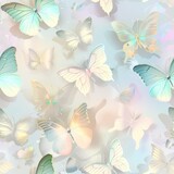 Seamless pattern of butterflies with pastel holographic colors