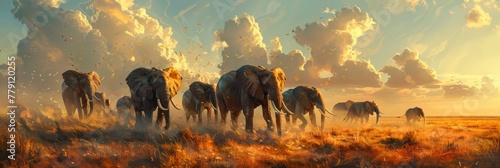 African elephant herd in vivid colors crossing savanna at dawn in photorealistic medium shot