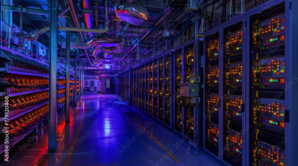 A sophisticated dana center with rows of servers and cooling systems, momentarily idle but ready to store and process vast amounts of digital information